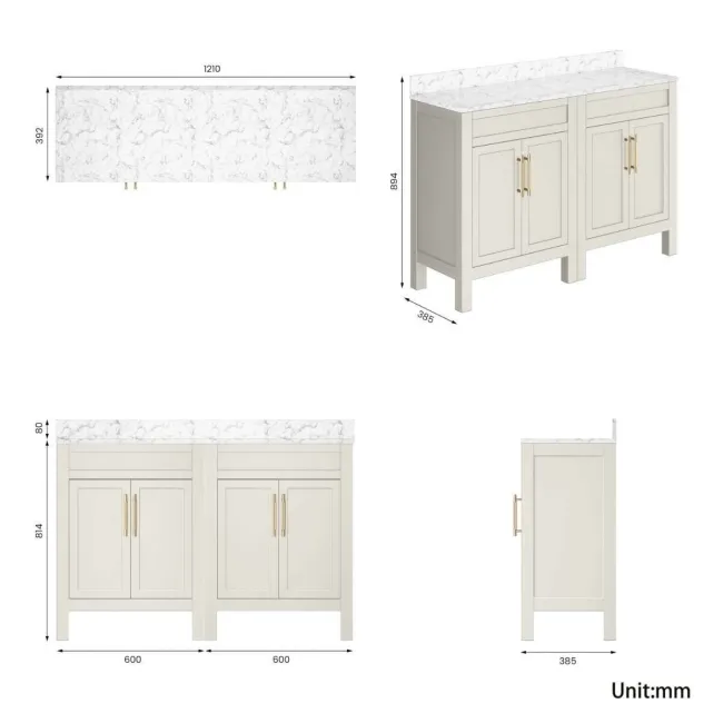 Bermuda Chalk White Cabinet with Marble Top 1200mm Excludes Counter Top Basin - Brass Knurled Handles