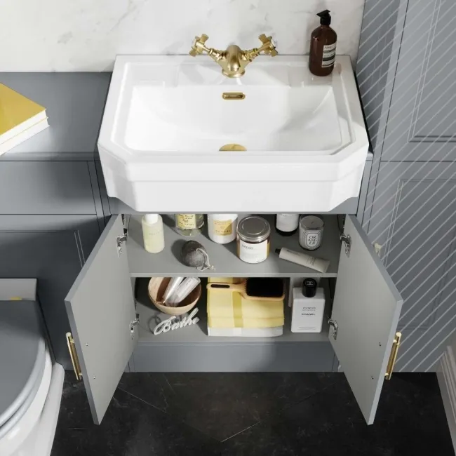 Monaco Dove Grey Combination Vanity Traditional Basin and Hudson Toilet with Wooden Seat 1200mm - Brass Knurled Handles
