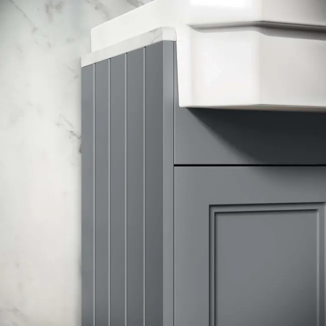 Monaco Dove Grey Combination Vanity Traditional Basin with Marble Top & Hudson Toilet with Wooden Seat 1200mm - Brass Knurled Handles