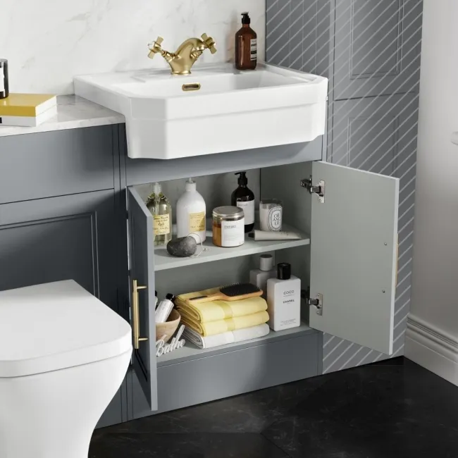 Monaco Dove Grey Combination Vanity Traditional Basin with Marble Top & Atlanta Toilet 1200mm - Brass Knurled Handles