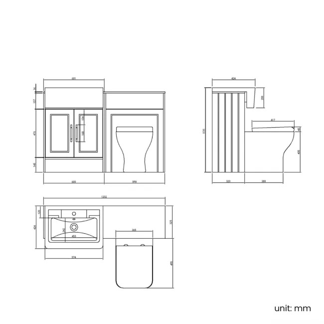 Monaco Dove Grey Combination Vanity Traditional Basin with Marble Top & Atlanta Toilet 1200mm - Brass Knurled Handles