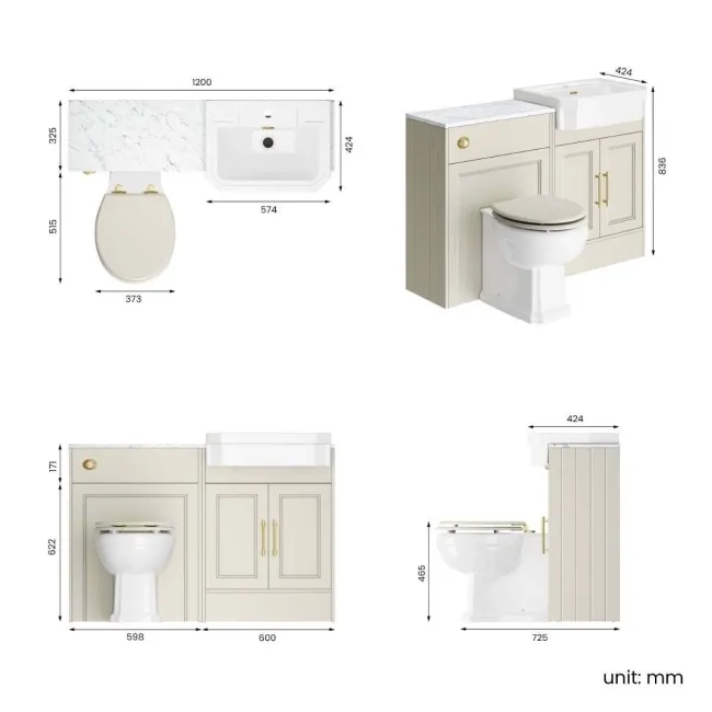 Monaco Chalk White Combination Vanity Traditional Basin with Marble Top & Hudson Toilet with Wooden Seat 1200mm - Brass Knurled Handles