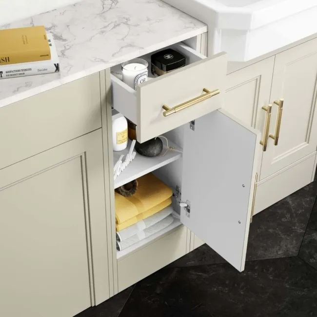 Monaco Chalk White Combination Vanity Traditional Basin with Marble Top & Hudson Toilet with Wooden Seat 1500mm - Brass Knurled Handles