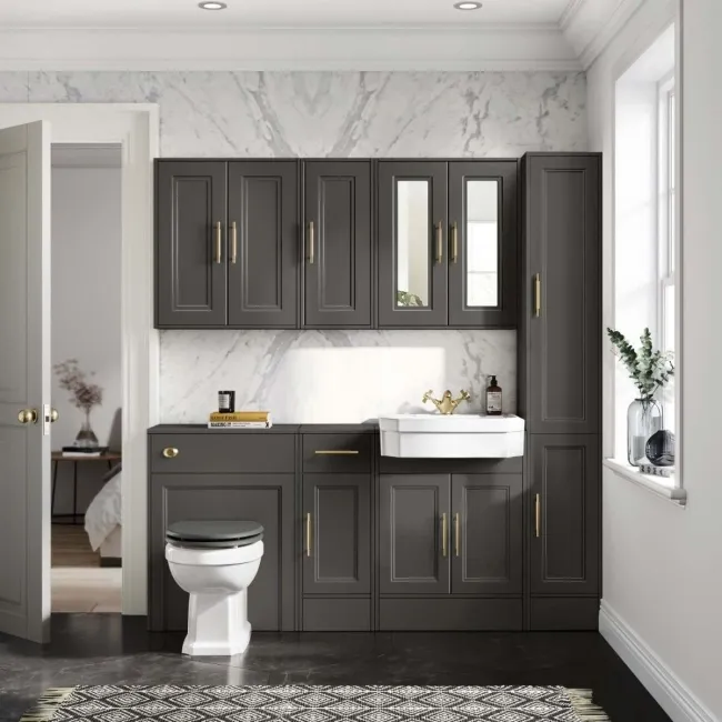 Monaco Graphite Grey Combination Vanity Traditional Basin and Hudson Toilet with Wooden Seat 1500mm - Brass Knurled Handles