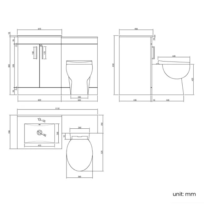 Mersey Gloss White Combination Vanity Basin and Austin Toilet 1100mm - Black Accents