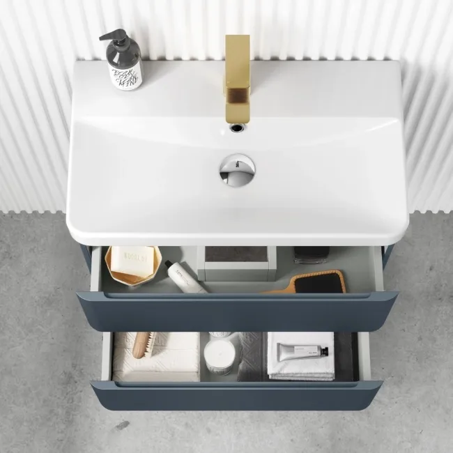 Corsica Inky Blue Wall Hung Slimline Basin Drawer Vanity 600mm