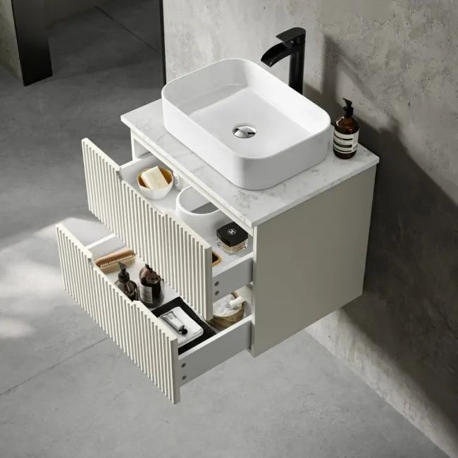 Crete Fluted Linen White Wall Hung Drawer Vanity with Marble Top & Marin Basin 600mm