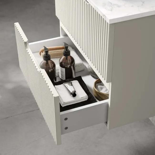Crete Fluted Linen White Wall Hung Drawer Vanity with Marble Top & Cody Basin 600mm