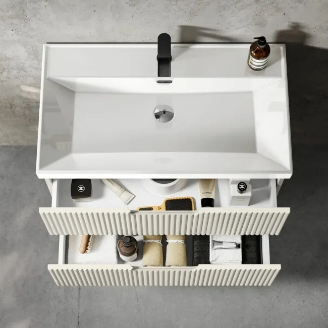 Crete Fluted Linen White Wall Hung Basin Drawer Vanity 800mm