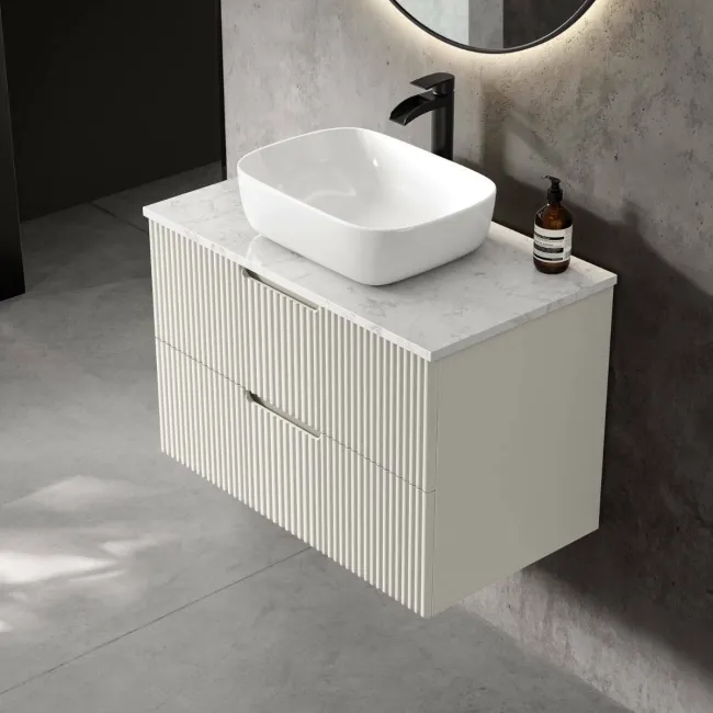 Crete Fluted Linen White Wall Hung Drawer Vanity with Marble Top & Curved Basin 800mm
