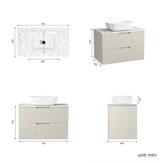Crete Fluted Linen White Wall Hung Drawer Vanity with Marble Top & Curved Basin 800mm