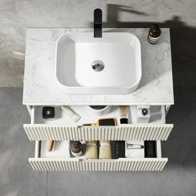 Crete Fluted Linen White Wall Hung Drawer Vanity with Marble Top & Marin Basin 800mm