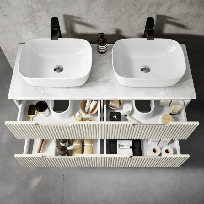 Crete Fluted Linen White Double Wall Hung Drawer Vanity with Marble Top & Curved Basin 1200mm