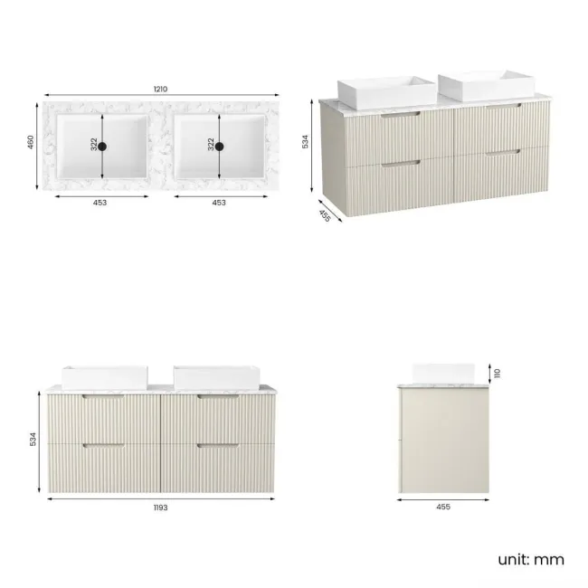Crete Fluted Linen White Double Wall Hung Drawer Vanity with Marble Top & Cody Basin 1200mm