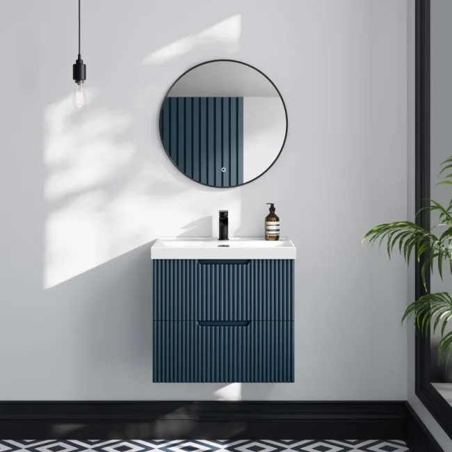 Crete Fluted Navy Blue Wall Hung Basin Drawer Vanity 600mm