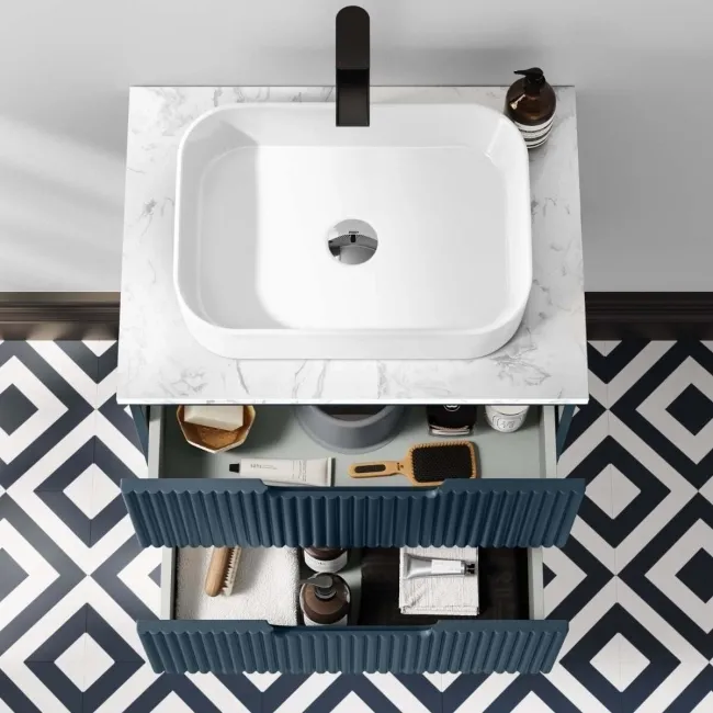 Crete Fluted Navy Blue Wall Hung Drawer Vanity with Marble Top & Marin Basin 600mm