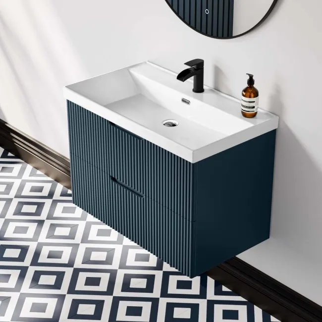 Crete Fluted Navy Blue Wall Hung Basin Drawer Vanity 800mm