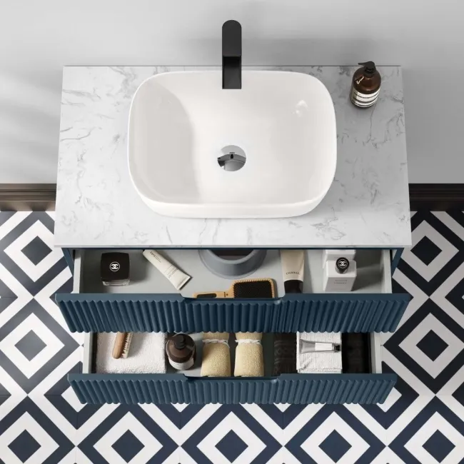 Crete Fluted Navy Blue Wall Hung Drawer Vanity with Marble Top & Curved Basin 800mm