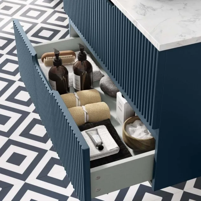 Crete Fluted Navy Blue Wall Hung Drawer Vanity with Marble Top & Marin Basin 800mm
