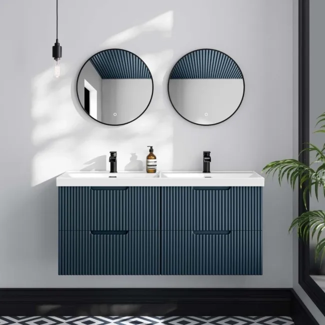 Crete Fluted Navy Blue Wall Hung Double Basin Drawer Vanity 1200mm