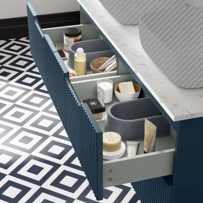 Crete Fluted Navy Blue Double Wall Hung Drawer Vanity with Marble Top 1200mm - Excludes Counter Top Basin