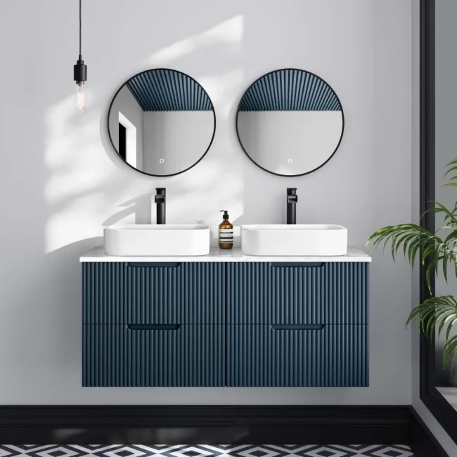 Crete Fluted Navy Blue Double Wall Hung Drawer Vanity with Marble Top & Marin Basin 1200mm