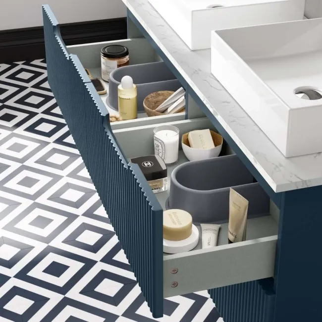 Crete Fluted Navy Blue Double Wall Hung Drawer Vanity with Marble Top & Cody Basin 1200mm