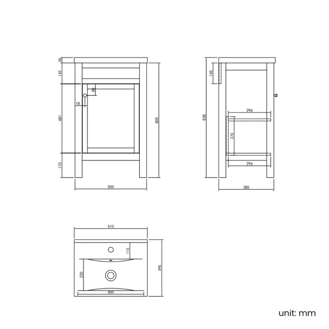 Bermuda Inky Blue Basin Vanity 500mm - Brushed Brass Accents