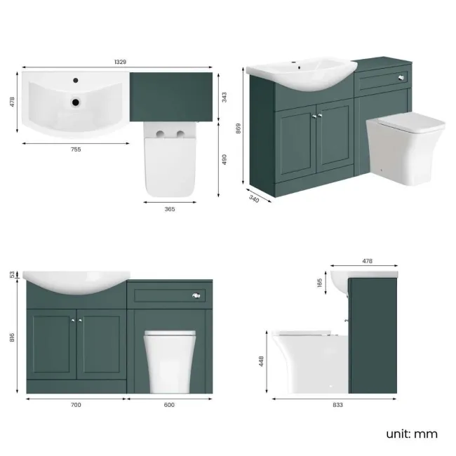 Capri Mystic Green Combination Vanity Basin and Houston Toilet 1350mm - Chrome Handles