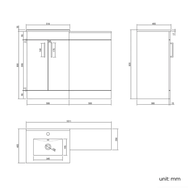 Mersey Gloss White Basin Vanity and Back To Wall Unit 1000mm (Excludes Toilet) - Black Accents