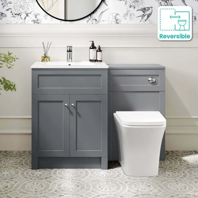 Milos Fog Grey Combination Vanity Basin and Houston Toilet 1100mm - Chrome Handles