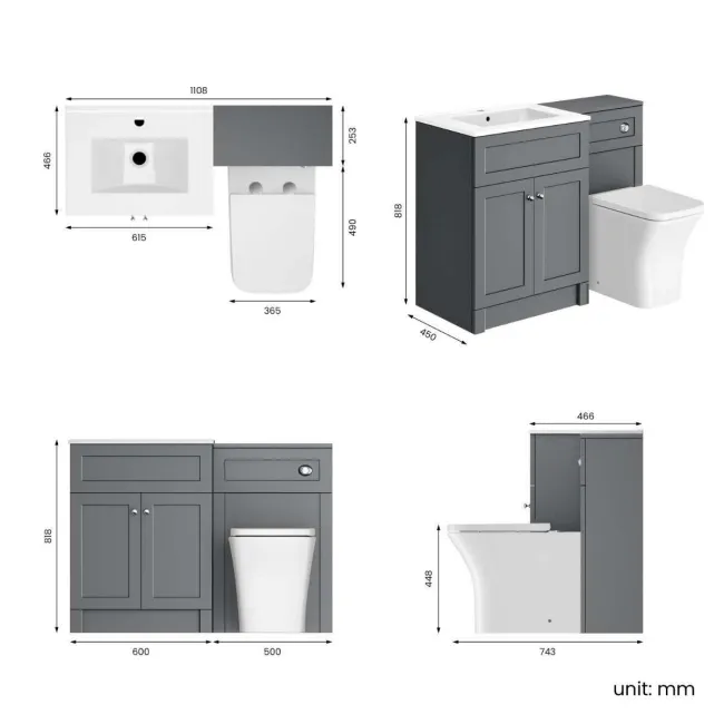 Milos Fog Grey Combination Vanity Basin and Houston Toilet 1100mm - Chrome Handles