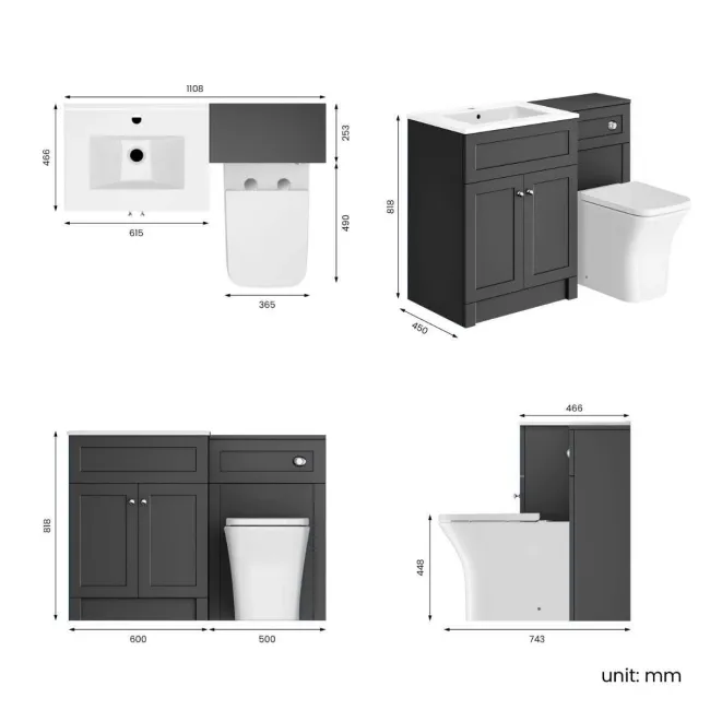 Milos Slate Grey Combination Vanity Basin and Houston Toilet 1100mm - Chrome Handles