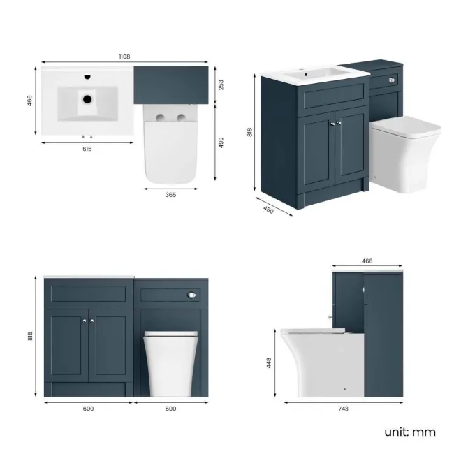 Milos Navy Blue Combination Vanity Basin and Houston Toilet 1100mm - Chrome Handles