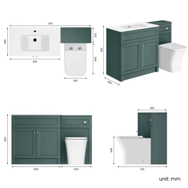 Milos Mystic Green Combination Vanity Basin and Houston Toilet 1300mm - Chrome Handles