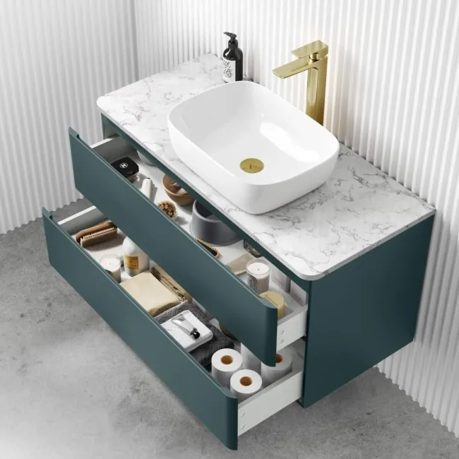 Corsica Midnight Green Vanity Drawer with Marble Top & Curved Counter Top Basin 1000mm