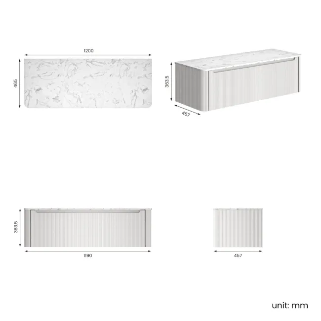 Sorrento Fluted Coastal White Double Wall Hung Drawer Vanity with Marble Top 1200mm - Excludes Counter Top Basin