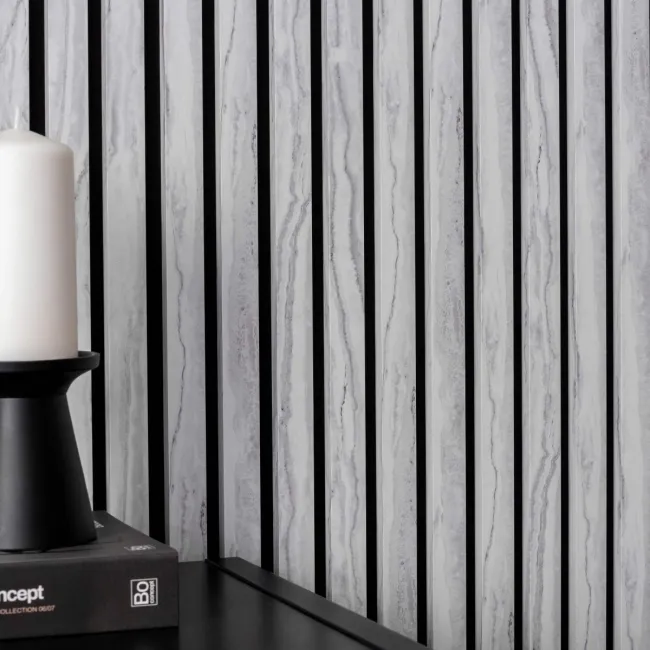 Trepanel Design® White Marble Effect on Black Felt Acoustic Wood Slat Panels
