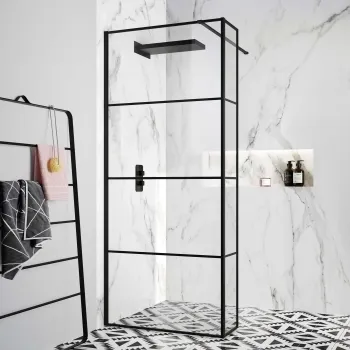 Munich Matt Black Grid 8mm Wet Room Shower Glass 800mm & 250mm Return Panel