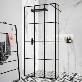 Munich Matt Black Grid 8mm Wet Room Shower Glass 1000mm & 250mm Return Panel