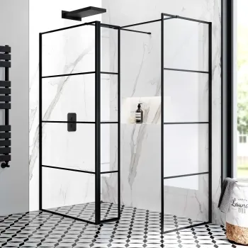 Munich Matt Black Grid 8mm Walk In Shower Enclosure 1000mm & 800mm Glass with Pivotal Return Panel