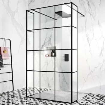 Munich Matt Black Grid 8mm Walk Through Wet Room Shower Glass Panel 1200mm & 250mm Return Panel