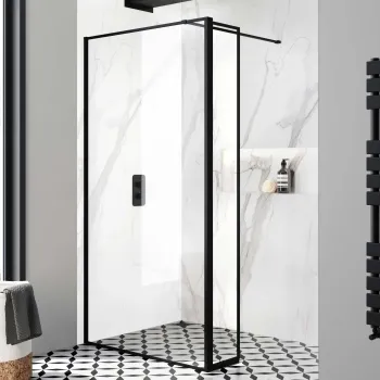 Munich Matt Black Framed 8mm Wet Room Shower Glass 1100mm & 250mm Pivotal Return Panel