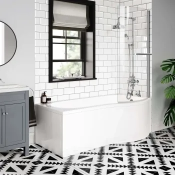 P Shaped 1700 Shower Bath with Front Panel & 6mm Easy Clean Screen with Rail - Right Handed