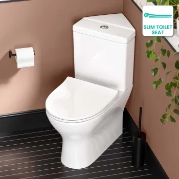 Orlando Rimless Fully Back to Wall Close Coupled Corner Toilet With Soft Close Slim Seat