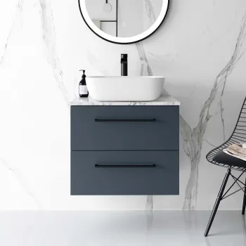 Elba Inky Blue Wall Hung Drawer Vanity with Marble Top & Curved Counter Top Basin 600mm - Black Accents