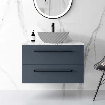 Elba Inky Blue Wall Hung Drawer 800mm Excludes Counter Top Basin - Black Accents