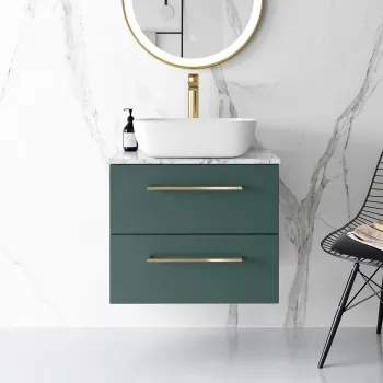 Elba Midnight Green Wall Hung Drawer Vanity with Marble Top & Curved Counter Top Basin 600mm - Brushed Brass Accents