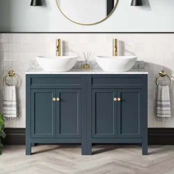 Bermuda Inky Blue Vanity with Marble Top & Oval Counter Top Basin 1200mm - Brushed Brass Accents