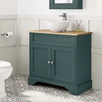 Lucia Midnight Green Vanity with Oak Effect Top & Round Counter Top Basin 840mm